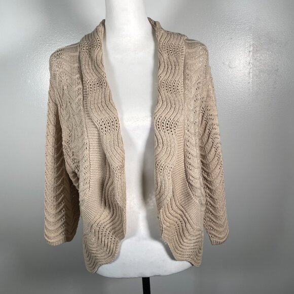 Joseph A Tan Shawl Collar Open Weave 3/4 Sleeve Cardigan Sweater XL - Picture 2 of 13